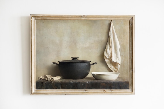 Rustic Black Cooking Pot Still Life Warm Farmhouse Kitchen Wall Art