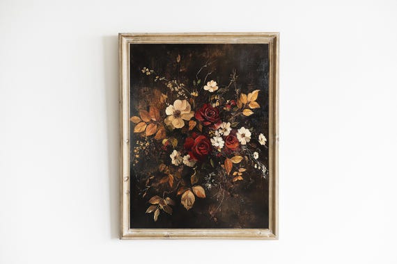 Dark Floral Decor Vintage Still Life Fall Painting Moody Botanical Wall Art E981