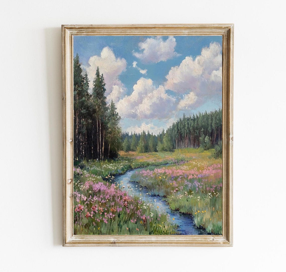 Summer Wildflower Meadow Stream Vintage Oil Landscape Poster