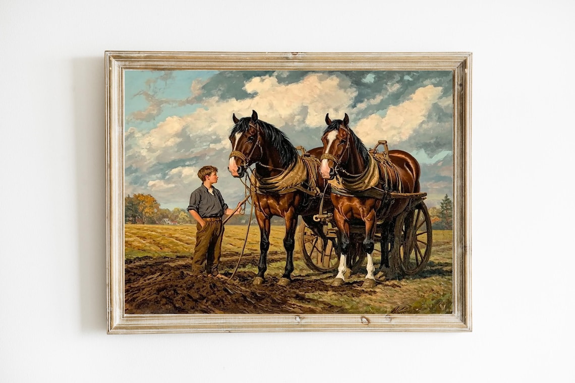Boy with Two Harnessed Horses Wagon Rustic Farm Oil Painting Print
