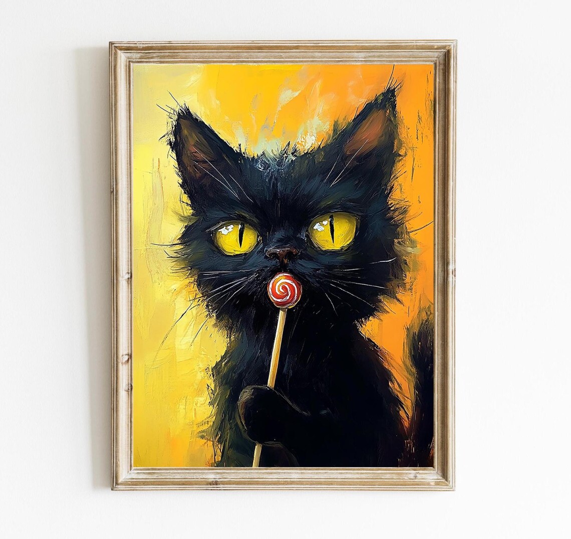 Black Cat With A Lollipop Modern Art Print