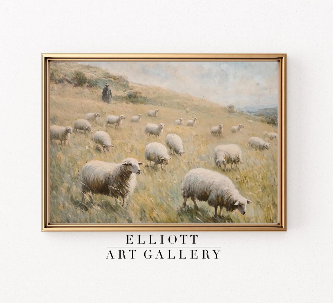 Rustic Sheep Flock Grazing Vintage Farmhouse Landscape Poster