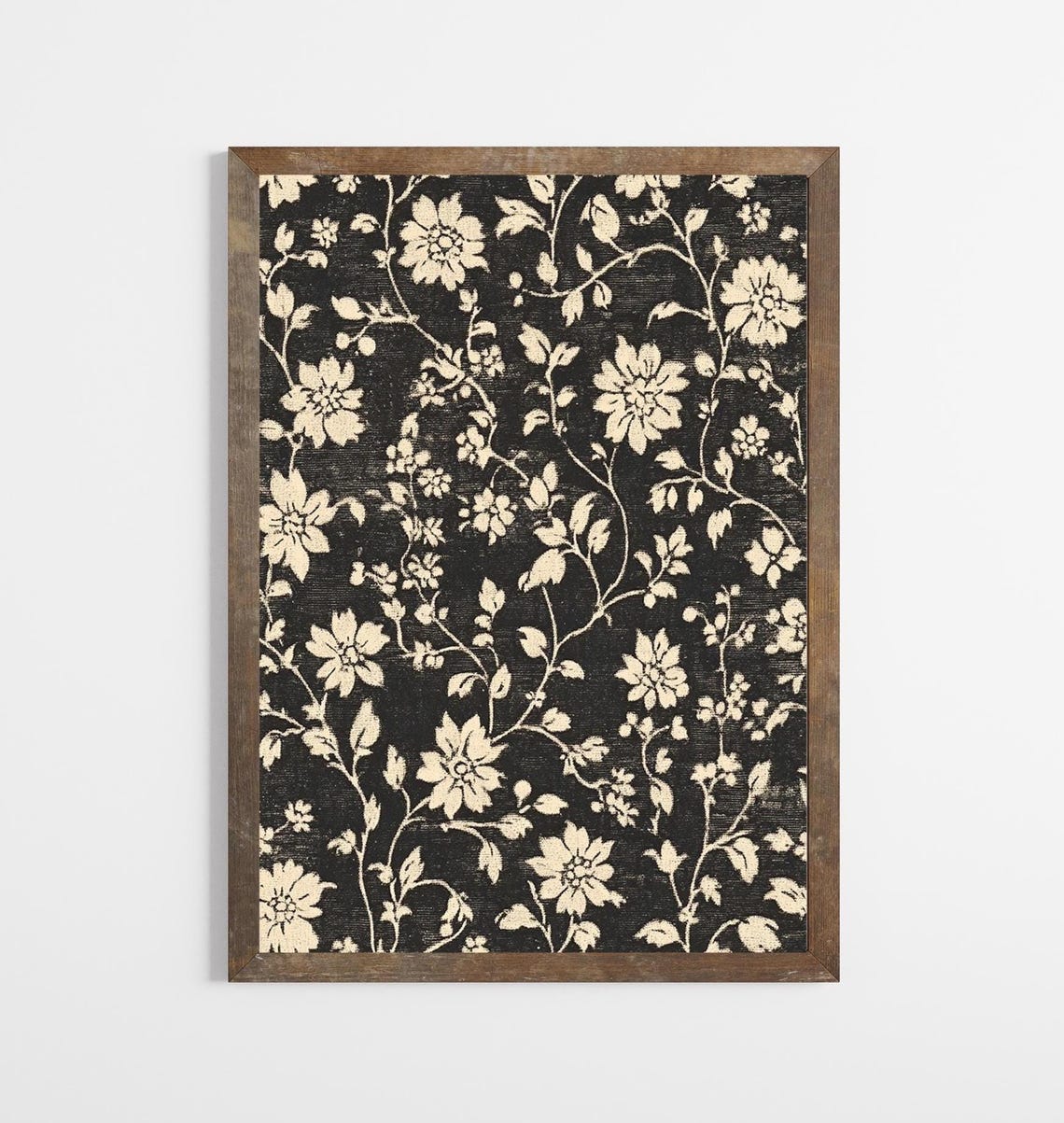 Black Floral Vine Pattern Ivory Blossoms Vintage Botanical Wall Art