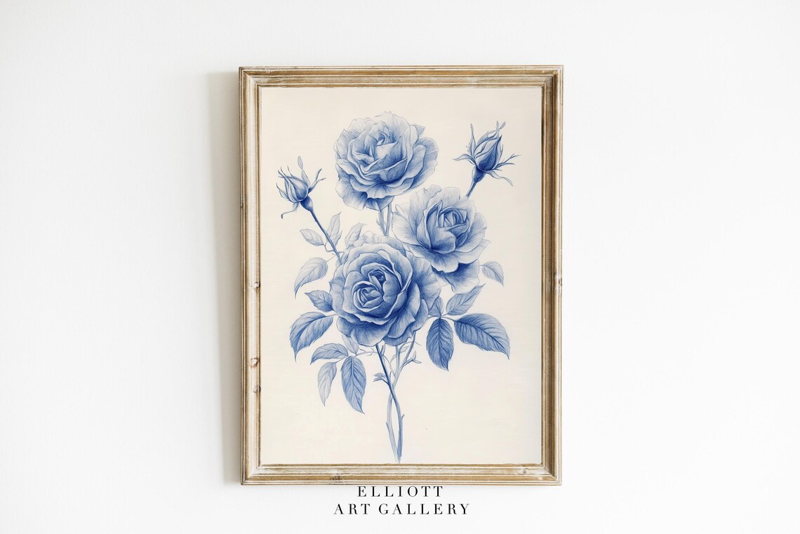Blue Roses Bouquet Vintage Botanical Sketch Floral Art Poster