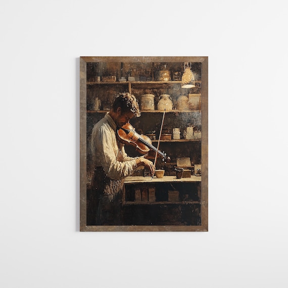 Violinist Vintage Oil Painting Poster Antique Musician Workshop Scene
