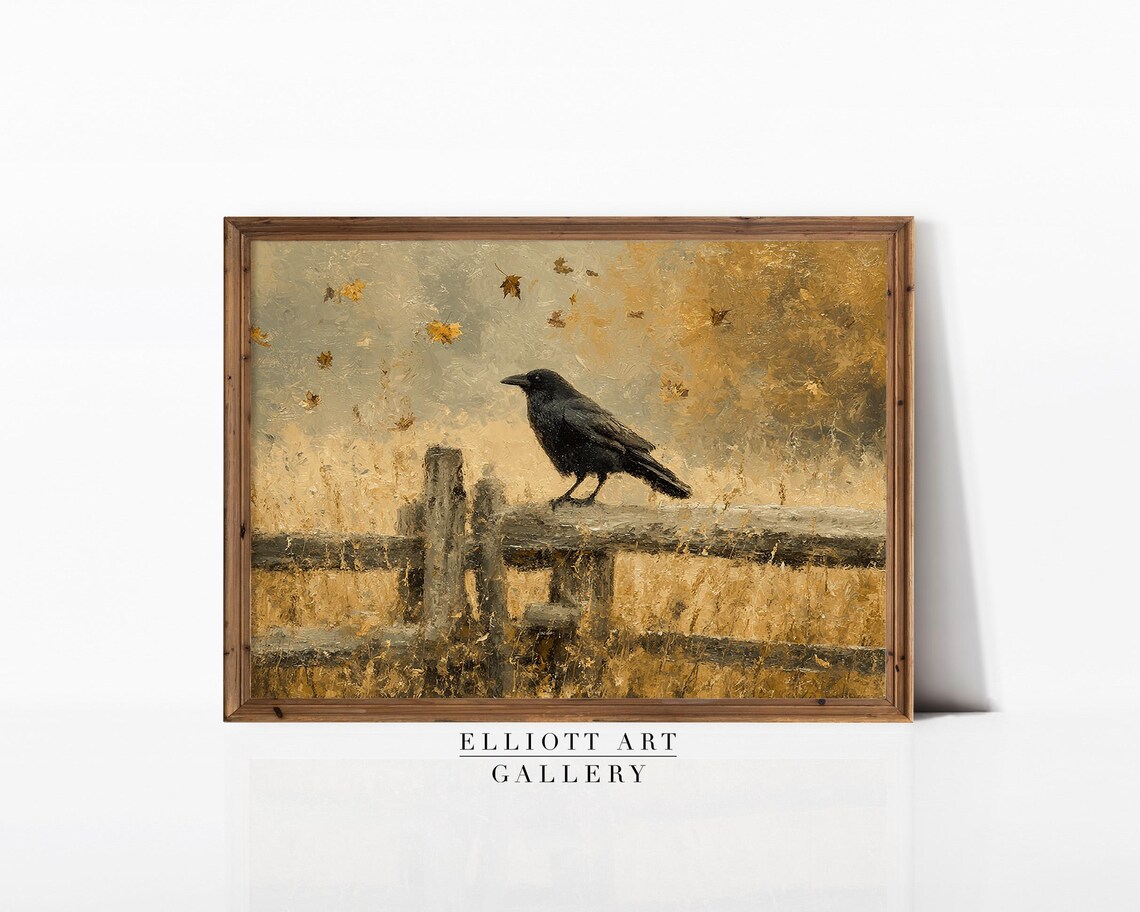 Black Crow on Wooden Fence Autumn Field Vintage Painting Print