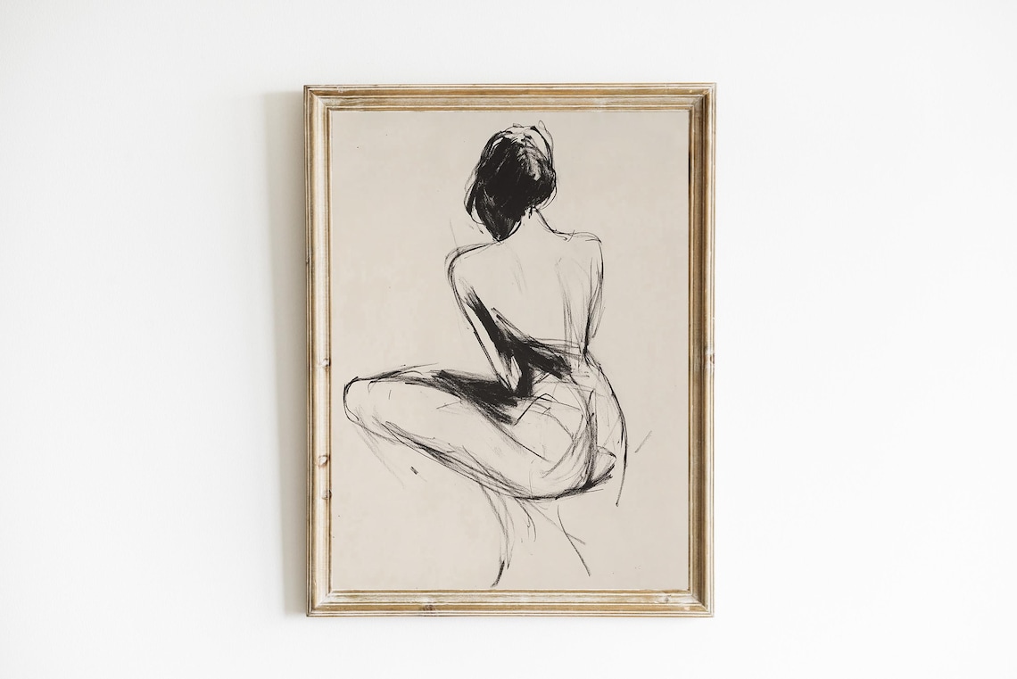 Nude Woman Line Drawing Figure Study Contemporary Charcoal Sketch Poster