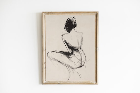 Nude Woman Line Drawing Figure Study Contemporary Charcoal Sketch Poster