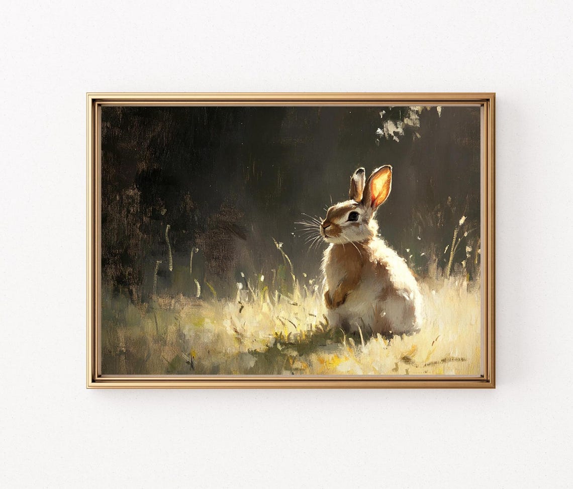 Charming Vintage Rabbit Sitting Alone in Sunlit Meadow Grass Poster