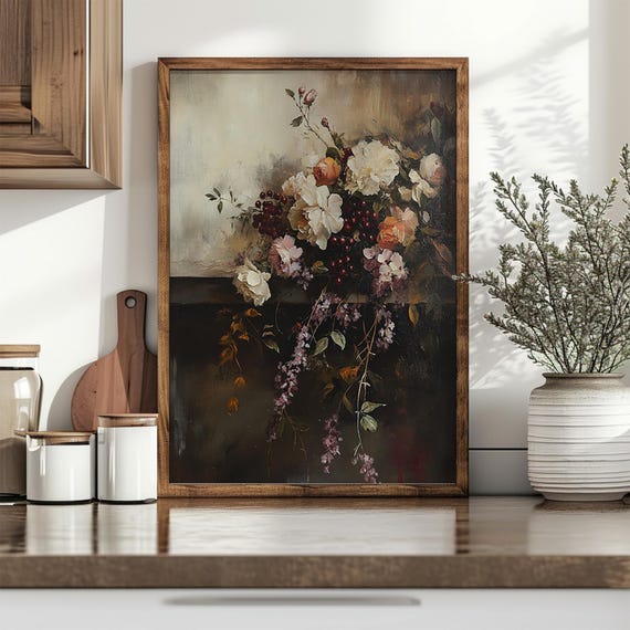 Romantic Autumn Botanical Vintage Still Life Dark Fall Floral Painting Moody Art Wall E988