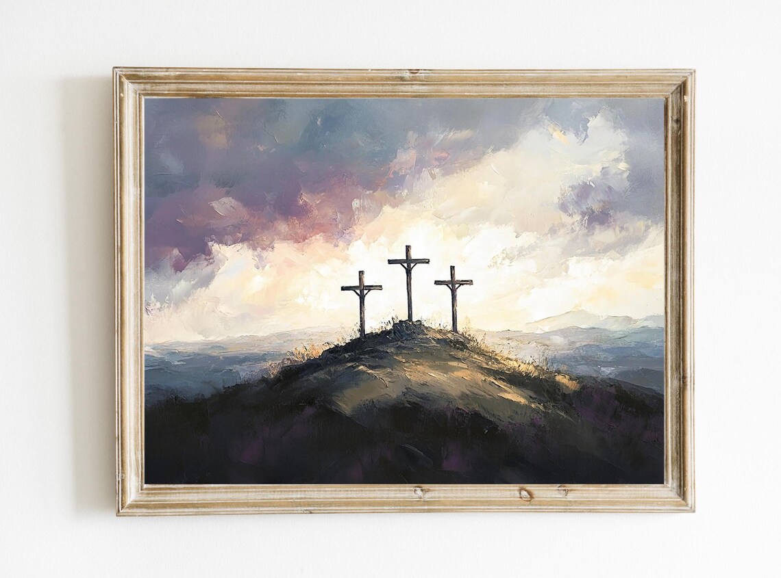 Three Crosses on Calvary Hill Sunrise Christian Painting Poster