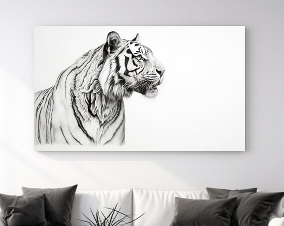 Black and White Tiger Profile Facing Right Detailed Sketch Wild Cat Wall Art Poster