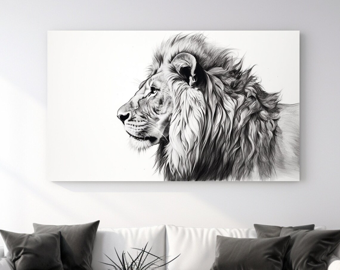 Black and White Lion Head Profile Facing Left Detailed Sketch Animal Wall Art Poster