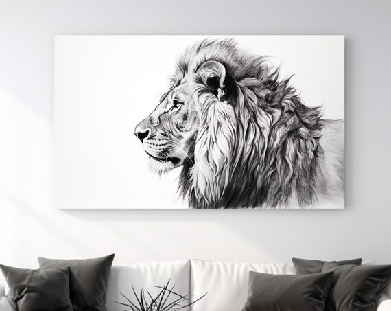 Black and White Lion Head Profile Facing Left Detailed Sketch Animal Wall Art Poster