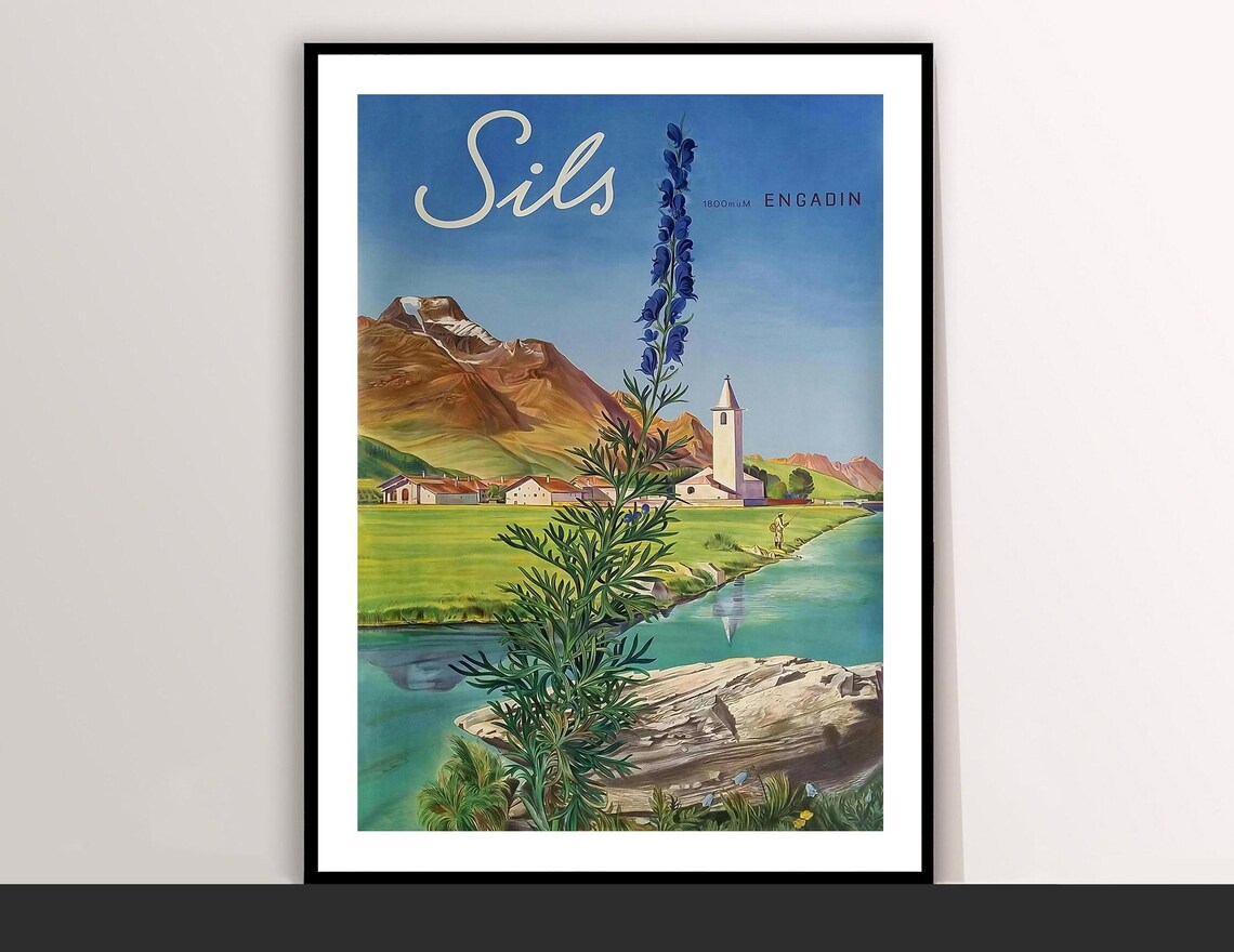 Sils Engadin Switzerland Alpine Lake Village Vintage Travel Poster