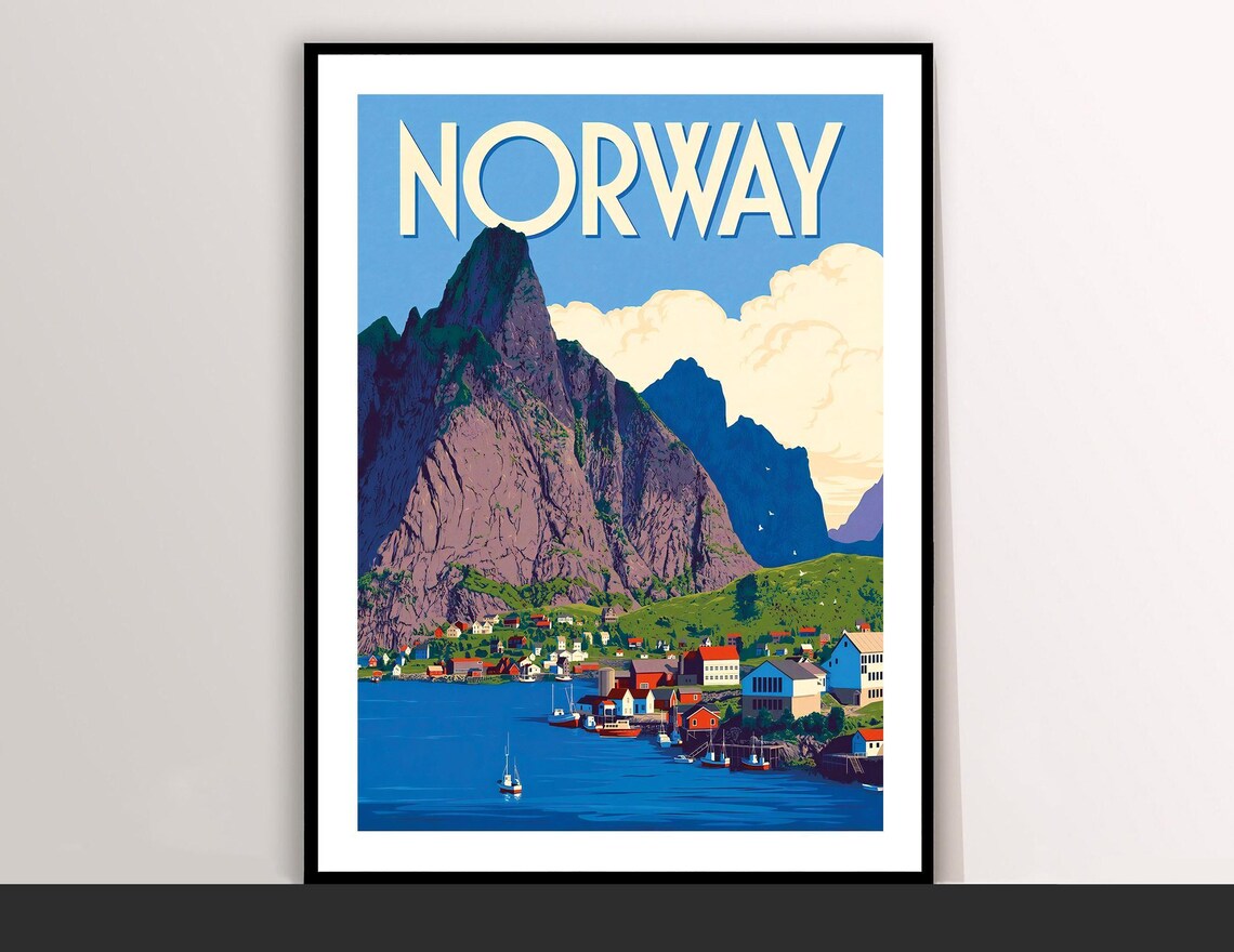 Norway Fishing Village Jagged Peaks Fjord Coast Modern Travel Poster