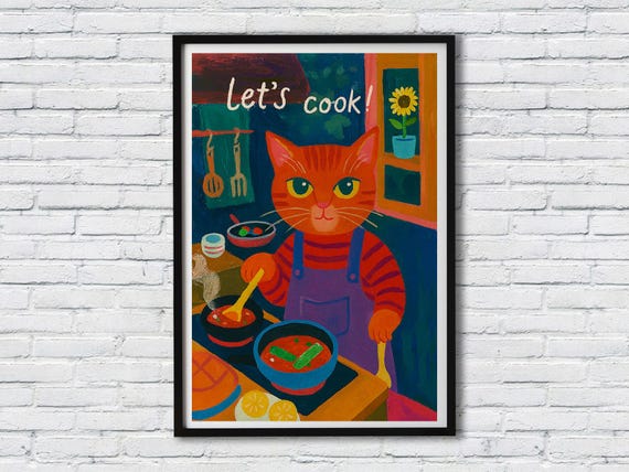 Culinary Cat Wall Art Whiskered Chef Cooking Illustration Gourmet Kitchen Poster Framed Artwork Premium Canvas Print