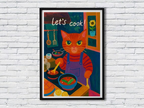 Let's Cook Orange Tabby Chef Cat Cozy Kitchen Illustration Poster
