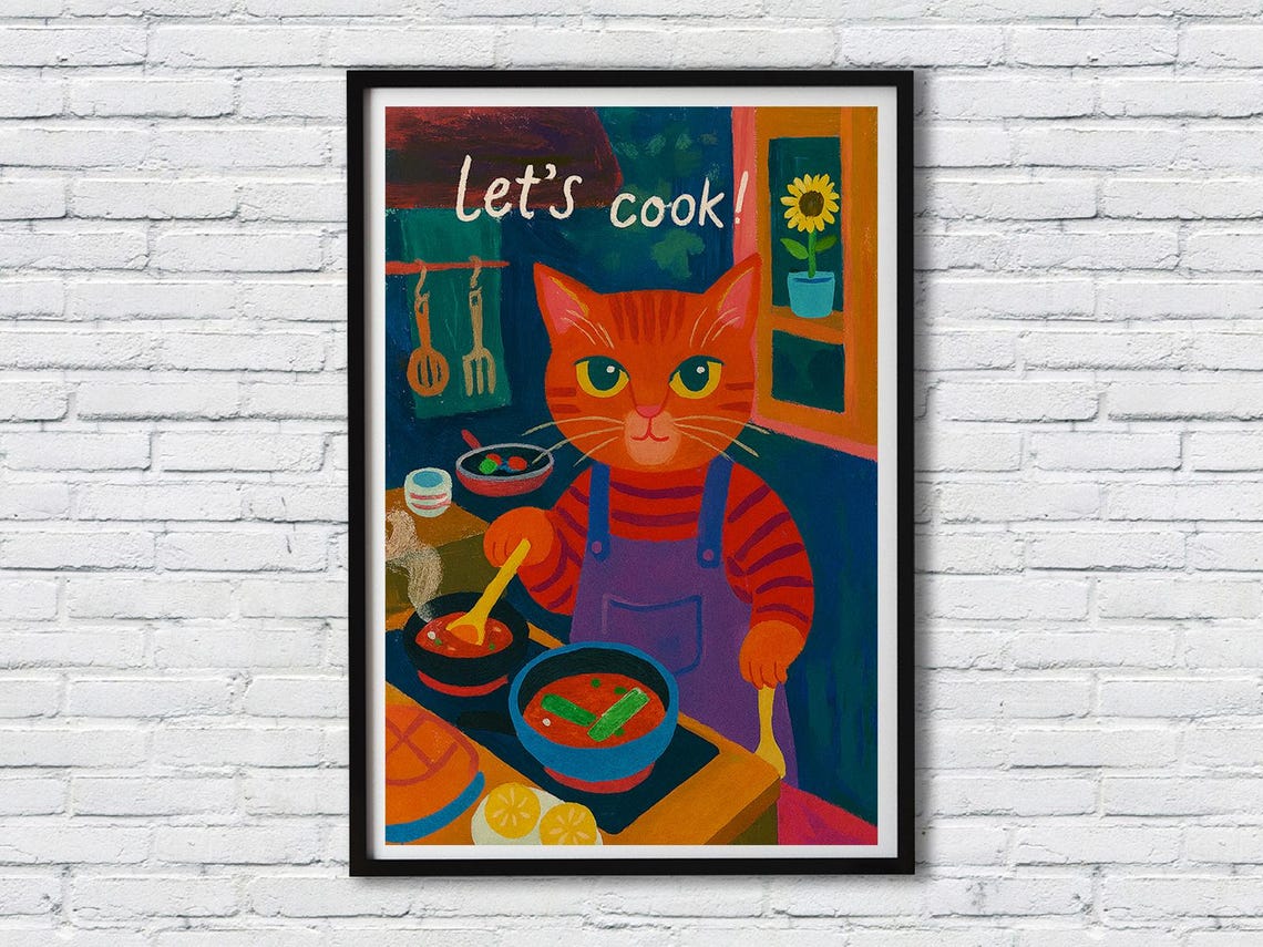 Culinary Cat Wall Art Whiskered Chef Cooking Illustration Gourmet Kitchen Poster Framed Artwork Premium Canvas Print