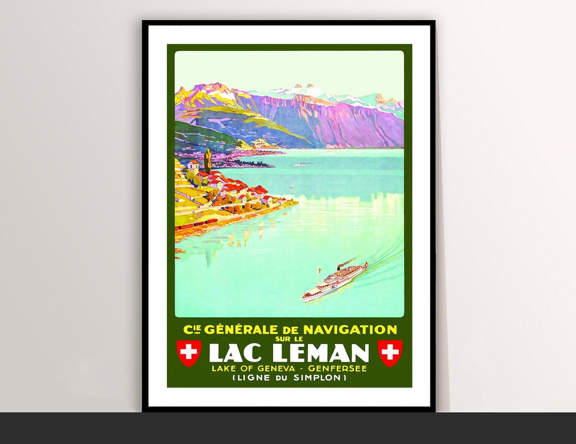 Lac Leman Lake Geneva Steamer Navigation Vintage Travel Poster