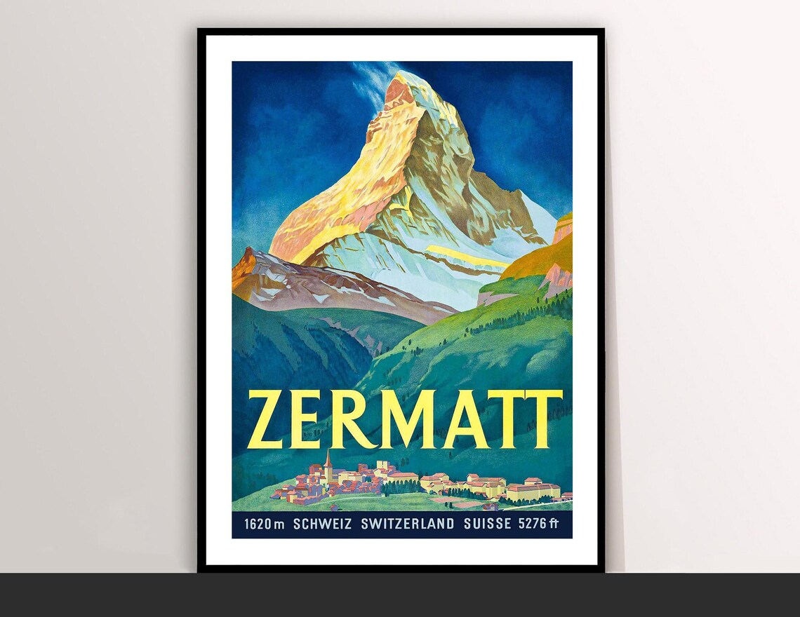 Zermatt Switzerland Vintage Matterhorn Mountain Travel Poster