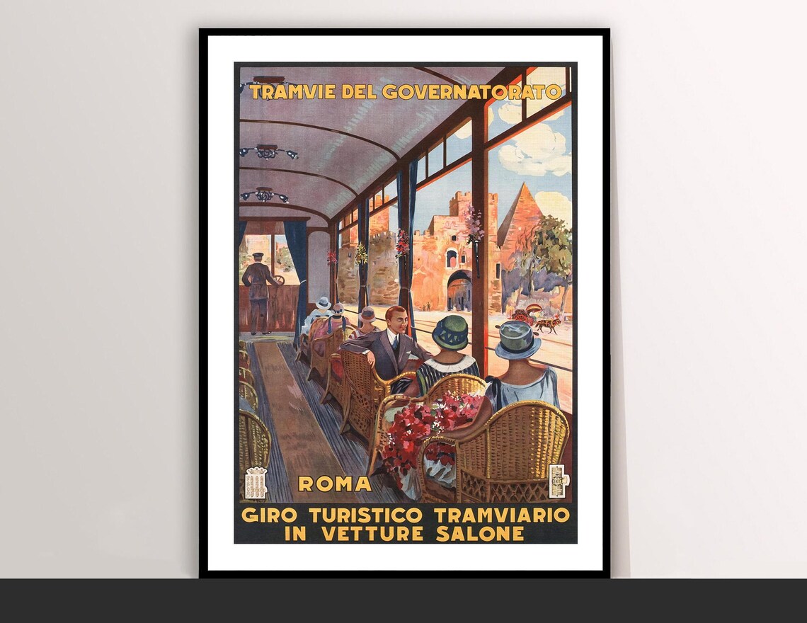 Roma Vintage Travel Poster Historic Tourist Tram Ride Rome Italy