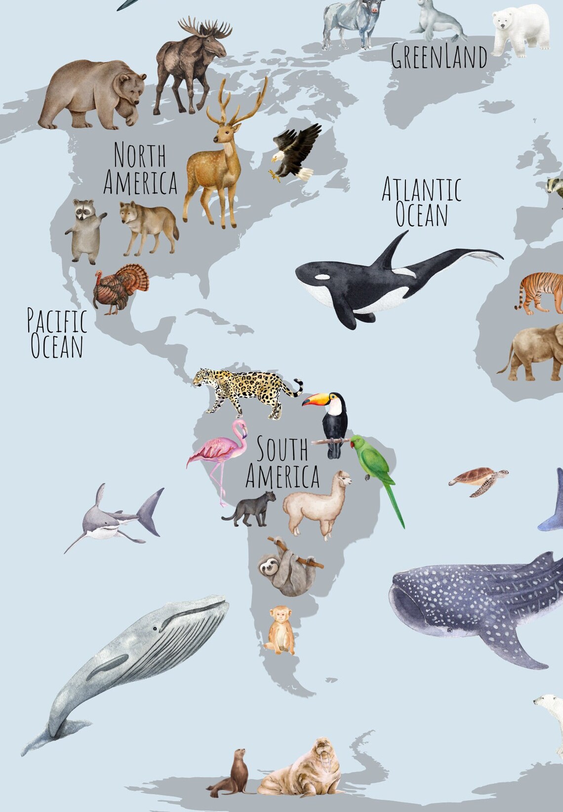 Watercolor Animals Around the World Map Kids Nursery Art Poster - Image 4