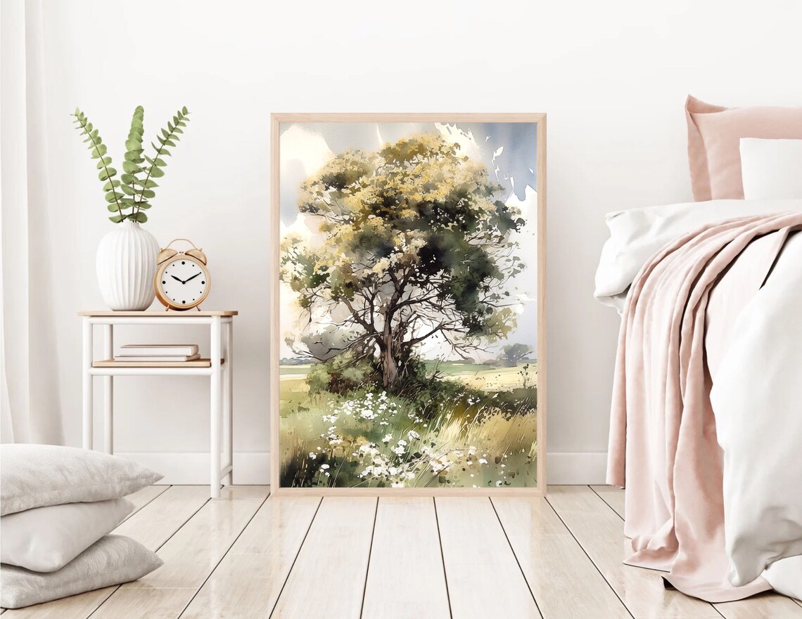 Tree Painting Summer Country Landscape Watercolor Art Print - Image 4