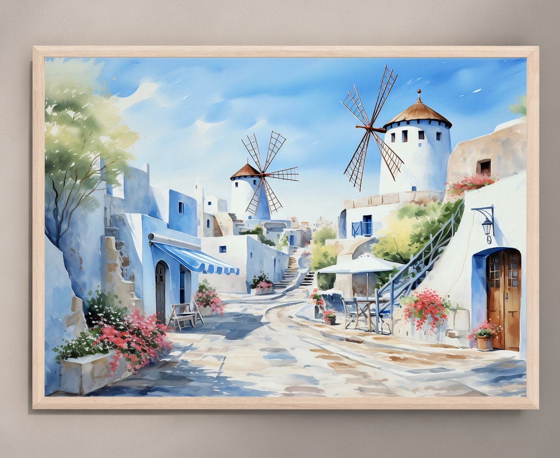 Santorini Greece Windmill Village Blue Dome Watercolor Poster - Image 2