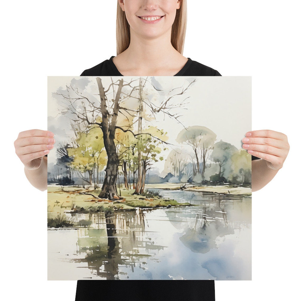 Still Lake Tree Reflection Calm Water Watercolor Minimal Art Print - Image 5