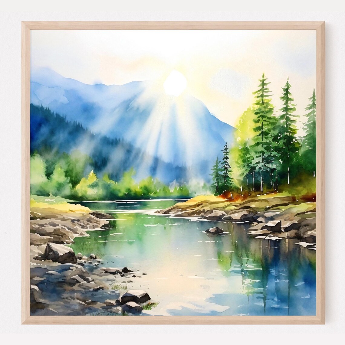 Mountain River In The Sun Watercolor Art Print