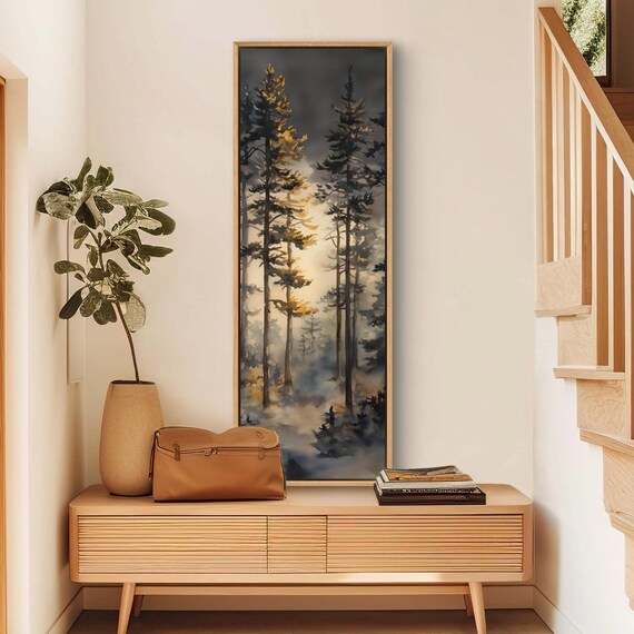 Misty Forest Watercolor Art Tall Vertical With Foggy Pine Trees Moody Forest Scene And Relaxing Nature Inspired Decor