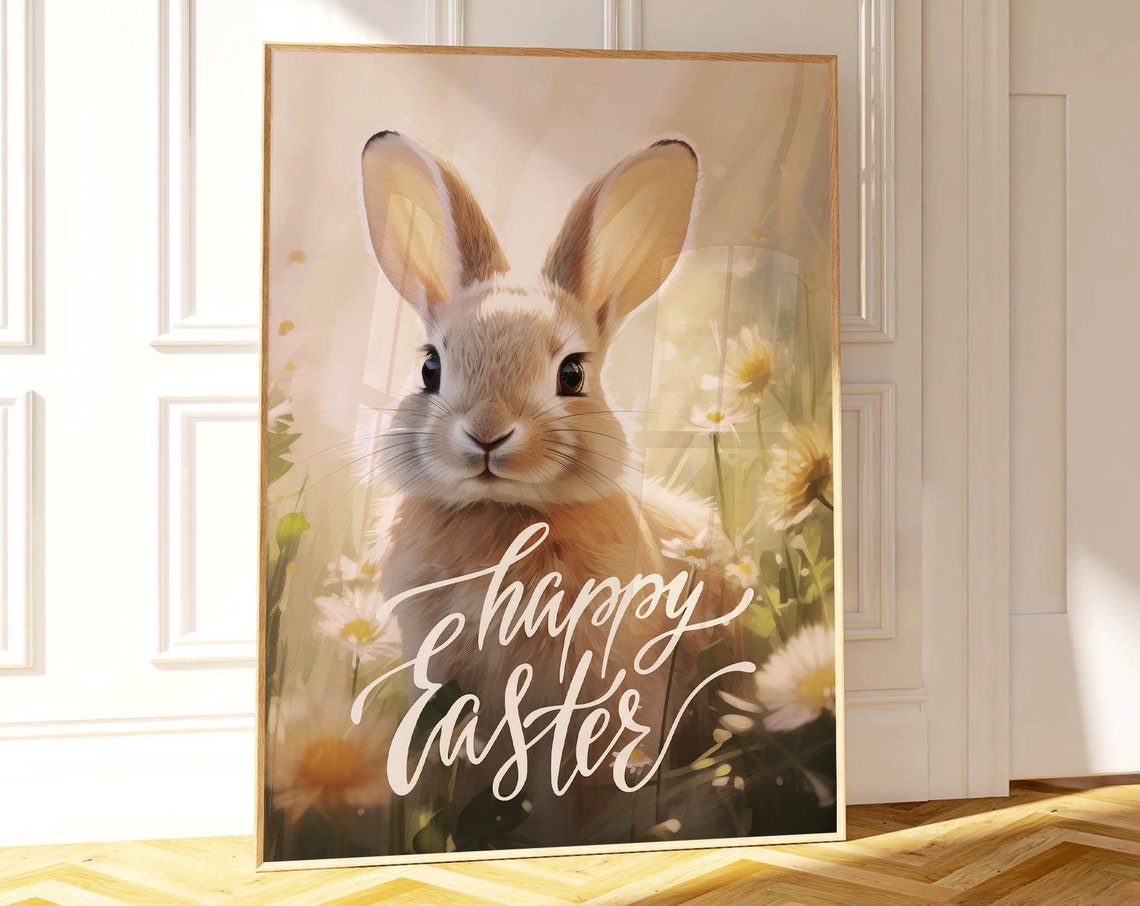 Happy Easter Sunlit Bunny Among Daisies Script Spring Poster
