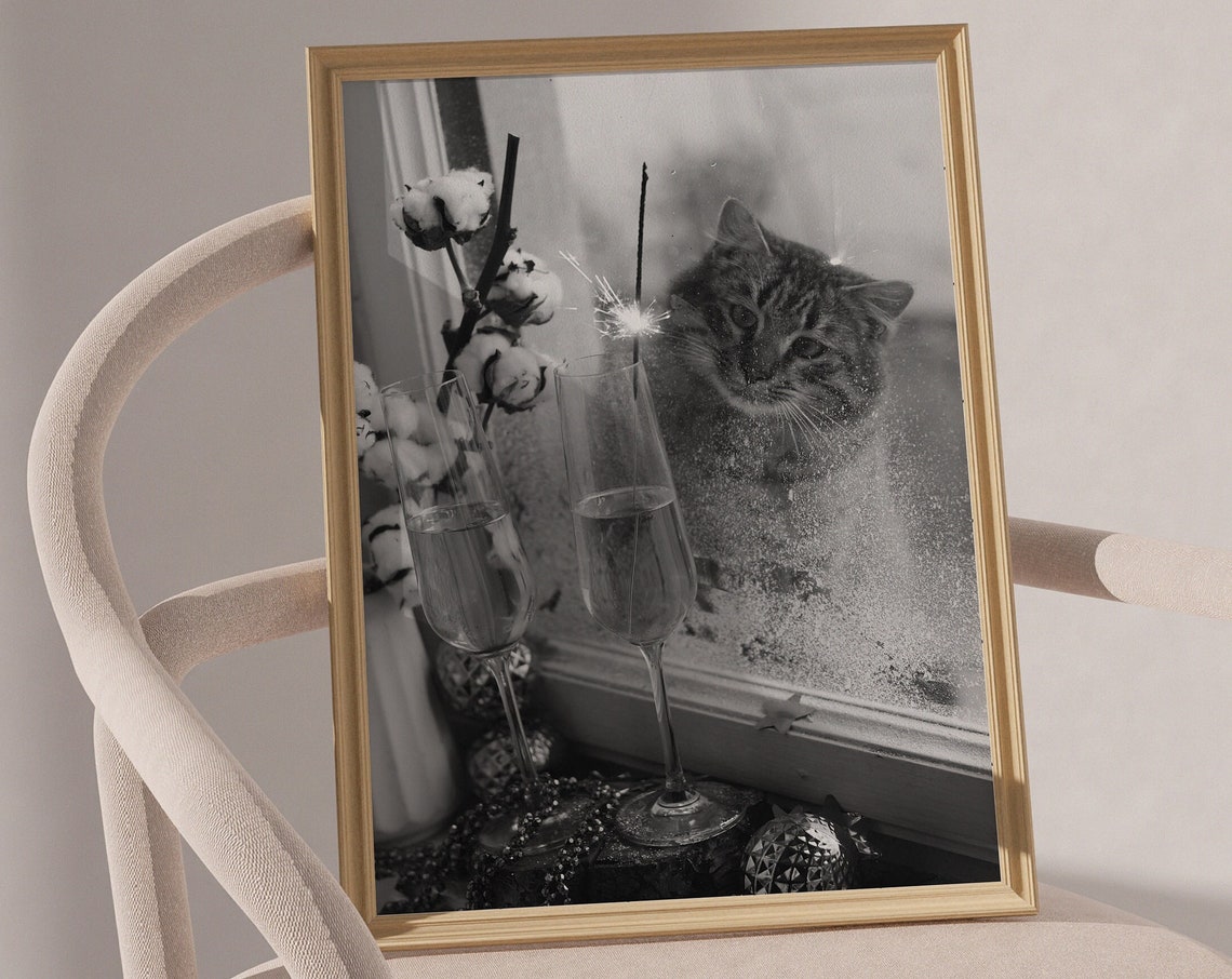 Cat Watching Champagne Flutes Black White Photography Poster