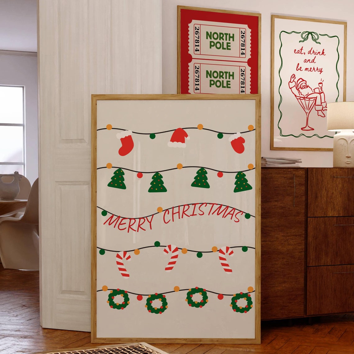 Merry Christmas Cute Garland Ornaments Wreaths Candy Cane Poster