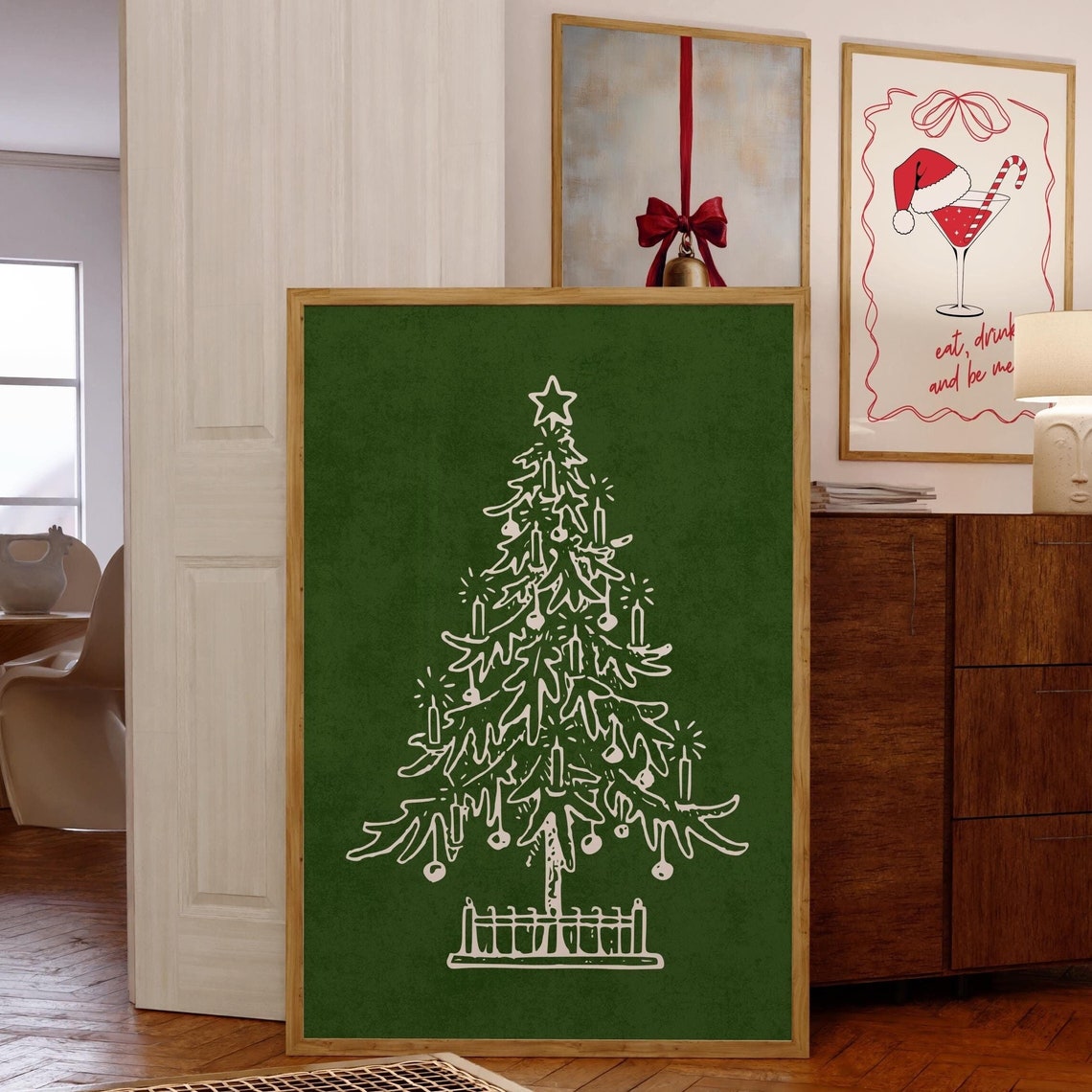 Retro Christmas Tree Green Line Art Minimalist Holiday Sketch Poster