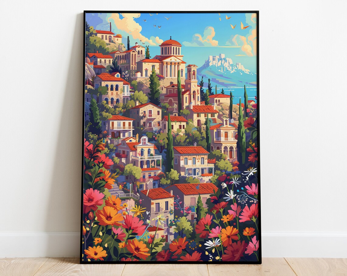 Santorini Greek Island Hillside Town Colorful Retro Travel Poster