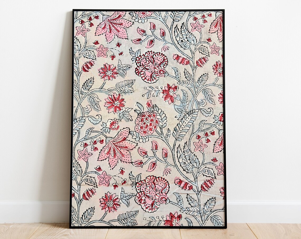 Pink Grey Indian Floral Block-Printed Jaipur Botanical Garden Poster