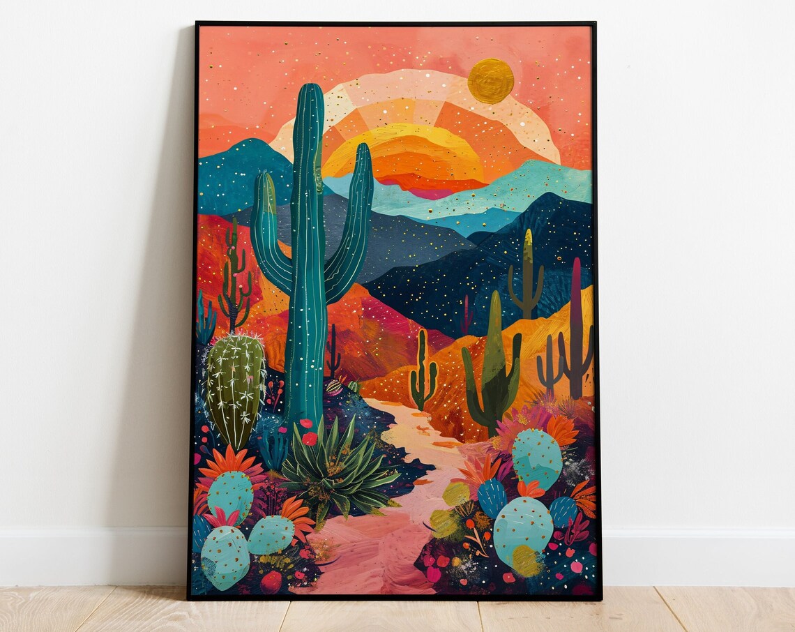 Arizona Saguaro Desert Sunset Cactus Mountains Colorful Art Poster