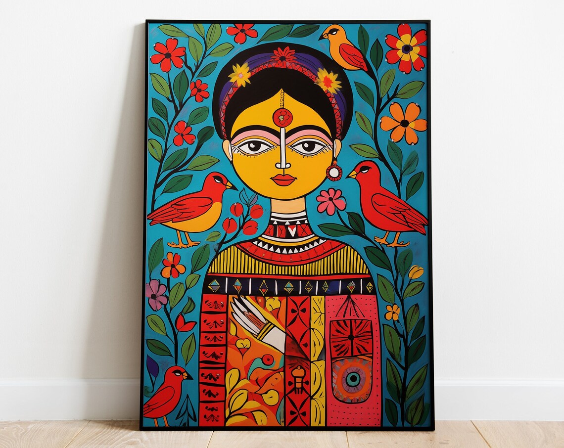 Frida Kahlo Folk Art Portrait Madhubani Birds Colorful Wall Art