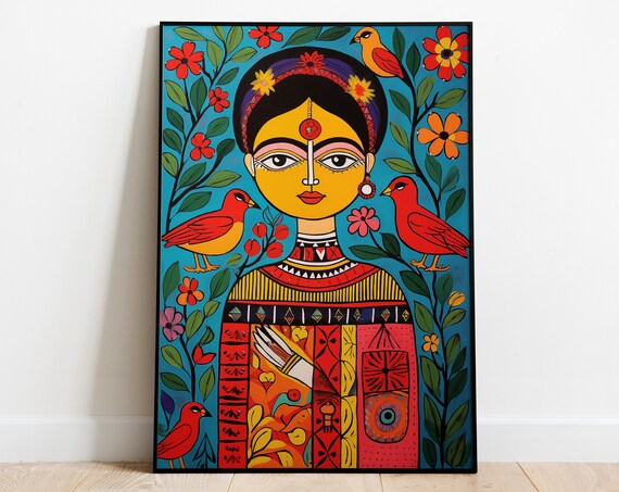Frida Kahlo Folk Art Portrait Madhubani Birds Colorful Wall Art