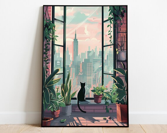 Black Cat Looking Out the Window at the New York Skyline Poster