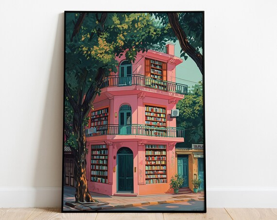 Quaint Pink Indian Bookshop Corner Building Book Lovers Poster