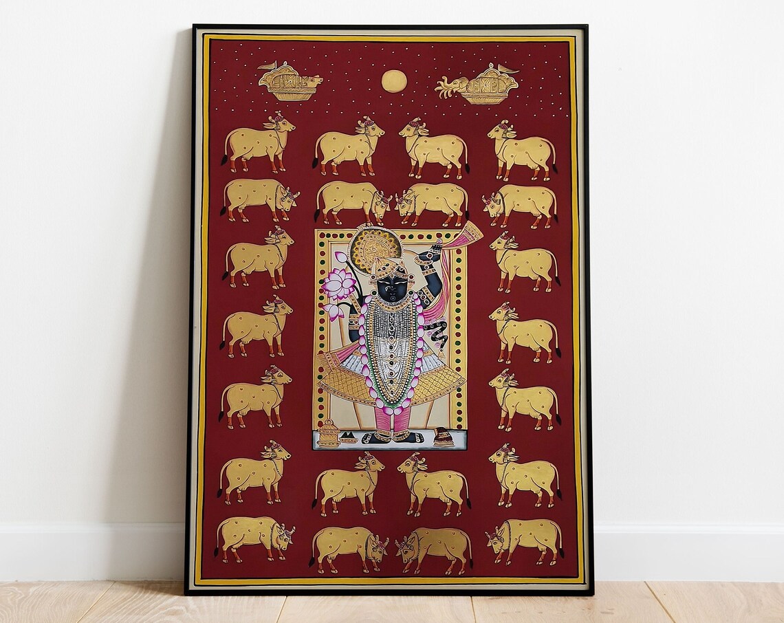 Shrinathji Pichwai Painting With Golden Cows Hindu Folk Art Poster