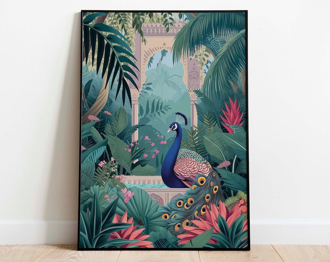 Peacock Tropical Indian Floral Nature Art Print
