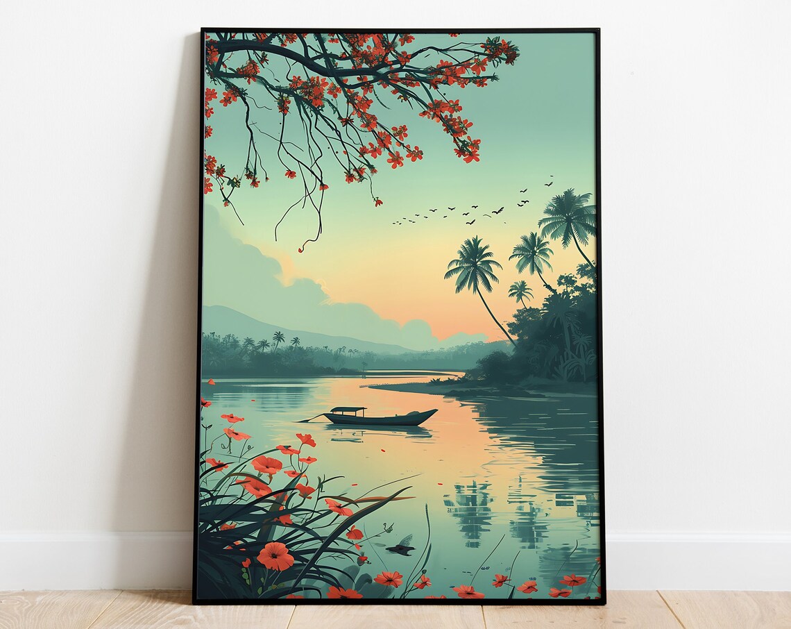 Kerala Backwaters Boat at Sunset Tropical South India Art Poster