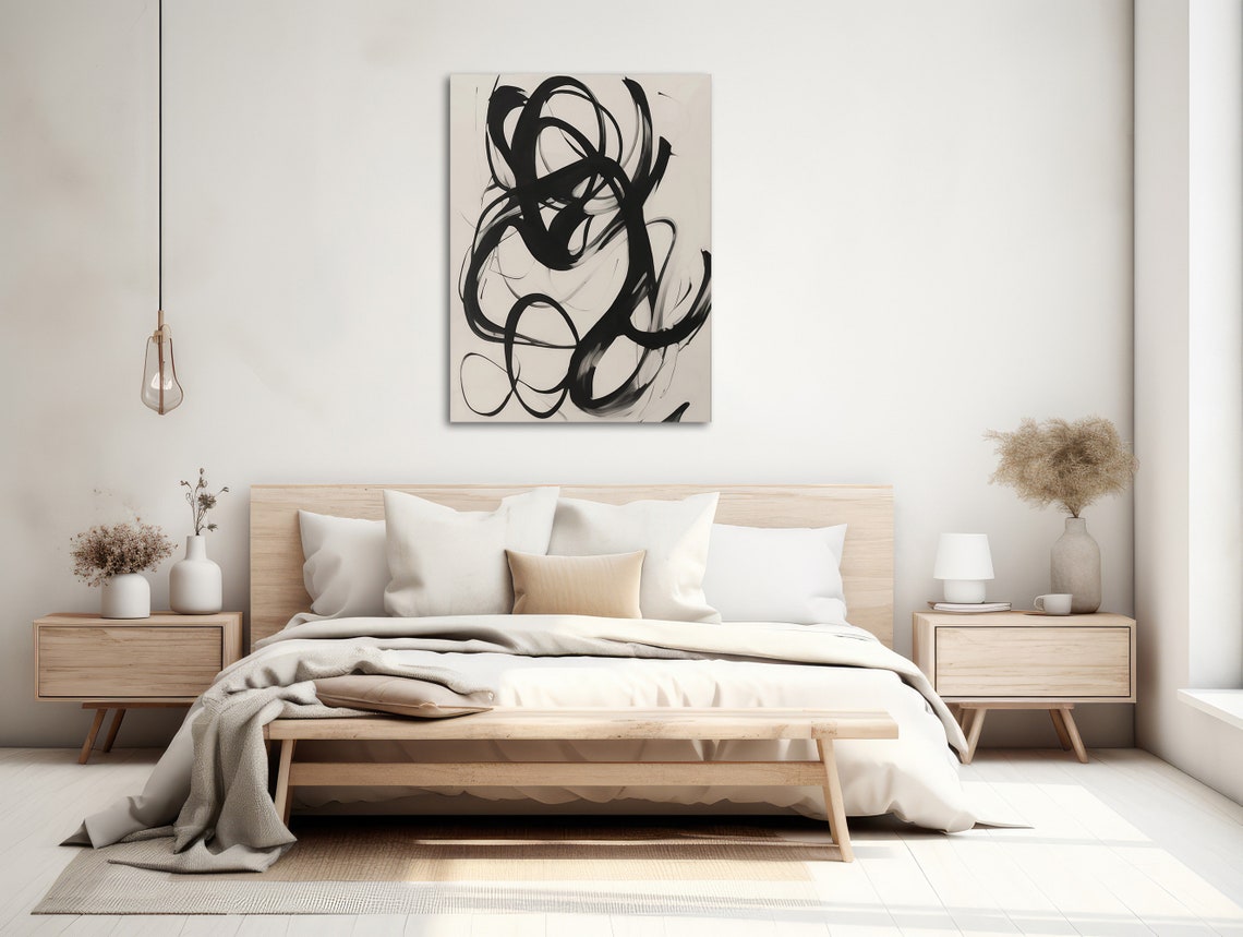 Black Brushstroke Swirl Abstract Off White Minimal Modern Wall Art - Image 2