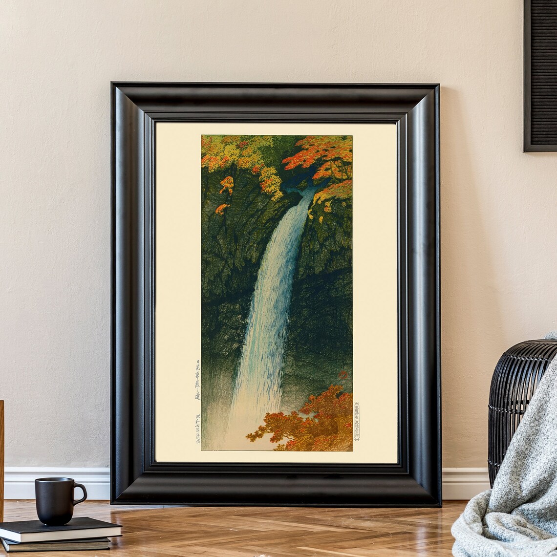 Japanese Autumn Waterfall Red Maples Woodblock Style Nature Poster - Image 2