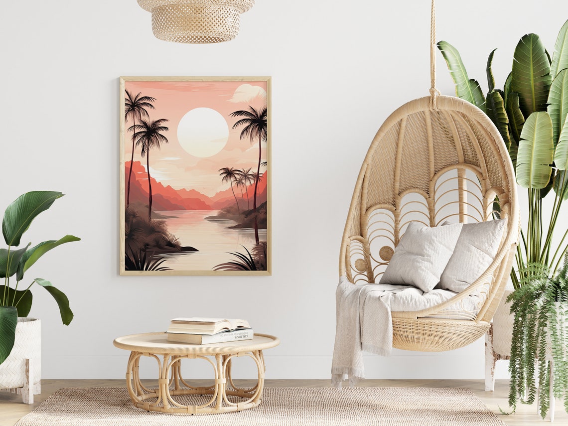Pink Tropical Sunset Palm Trees Island Lagoon Beach Travel Poster - Image 2