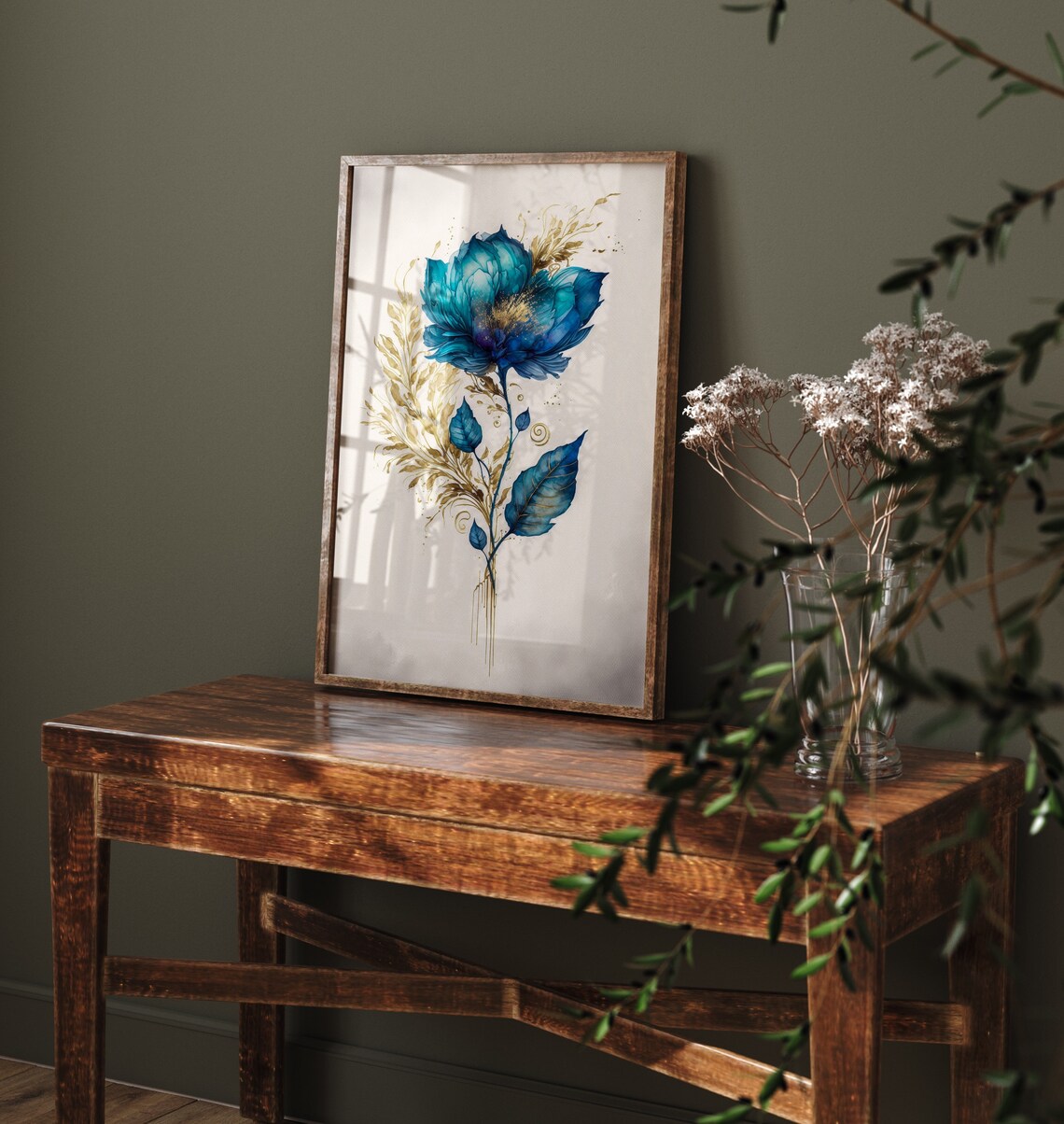 Teal Blue Watercolor Flower With Gold Botanical Swirls Poster - Image 4